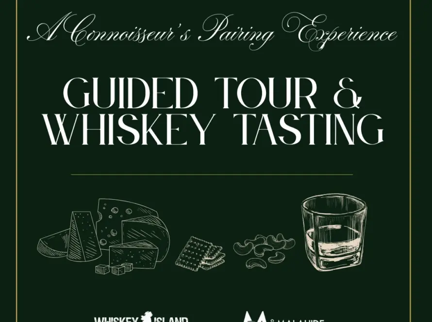 Dark green graphic with elegant white text reading "A Connoisseur's Pairing Experience: Guided Tour & Whiskey Tasting," featuring cheeses, crackers, and a whiskey glass, plus logos for Whiskey Island, Malahide Castle