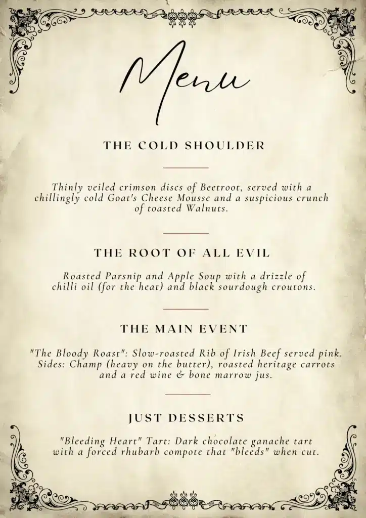 A vintage-style menu with ornate corners, inspired by The Giving Tree, features themed dishes: beetroot with goat's cheese, parsnip and apple soup, slow-roasted rib of beef, and dark chocolate ganache tart with rhubarb compote.