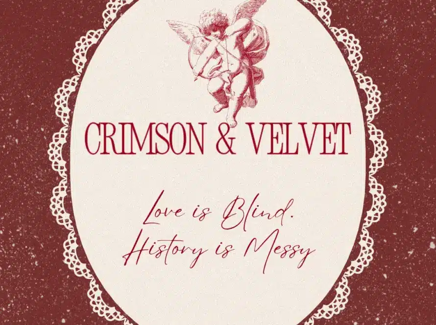 A vintage-style graphic features a lace-edged oval with a cupid illustration at the top and red text reading: "CRIMSON & VELVET.