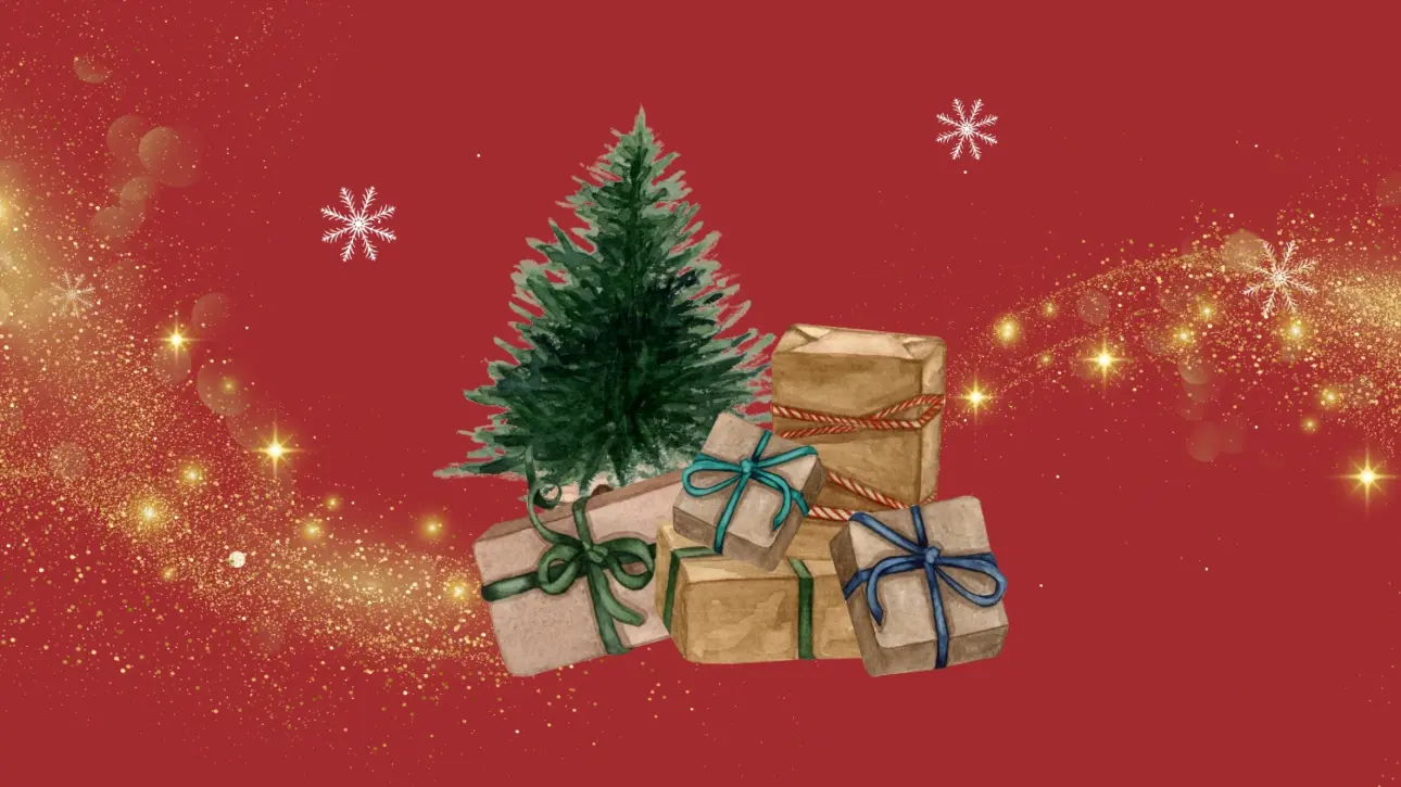 A decorated Christmas tree surrounded by wrapped gifts on a red background with sparkles. Text reads: "THE GIVING TREE. Dedicated to families facing hardship this Christmas."