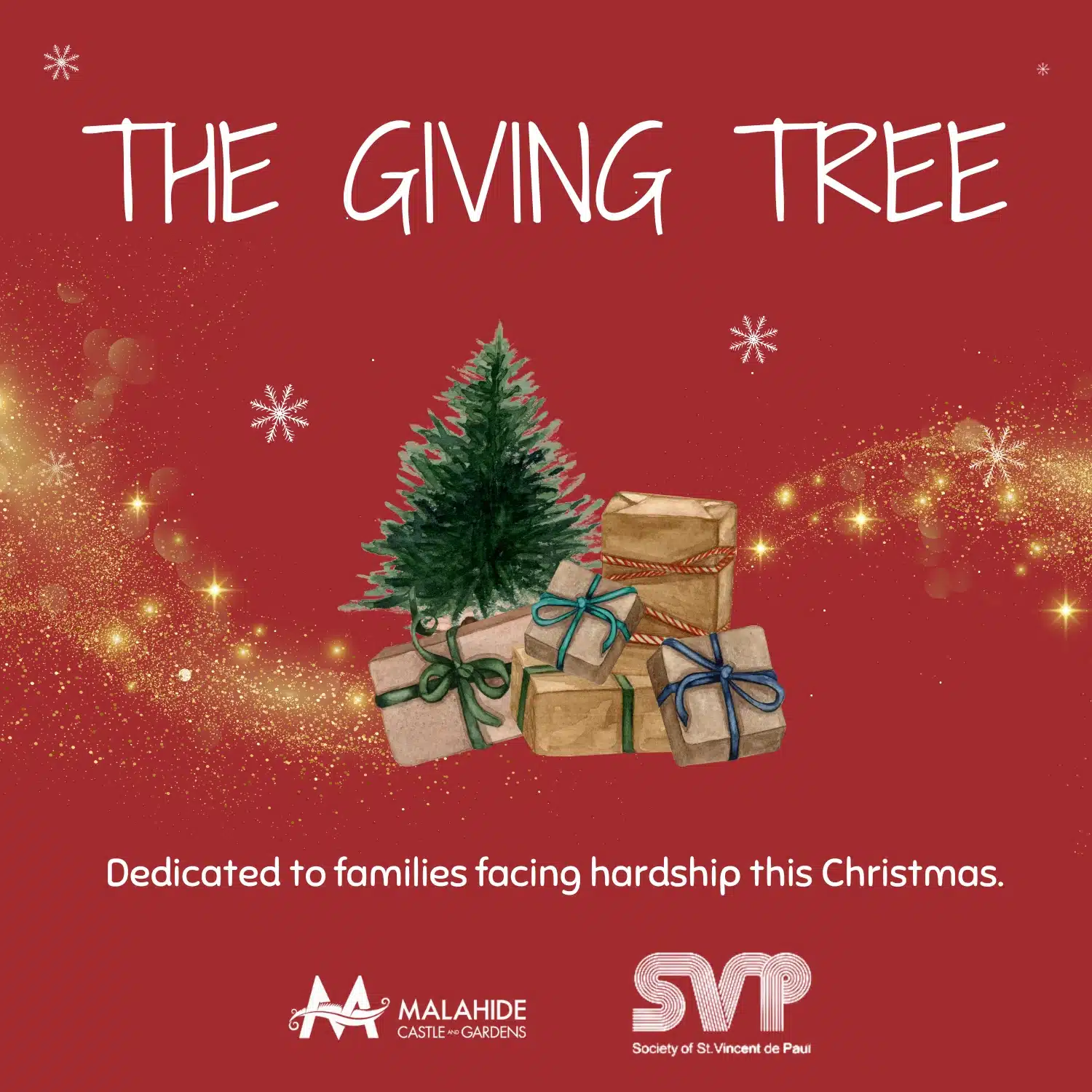 A decorated Christmas tree surrounded by wrapped gifts on a red background with sparkles. Text reads: "THE GIVING TREE. Dedicated to families facing hardship this Christmas."