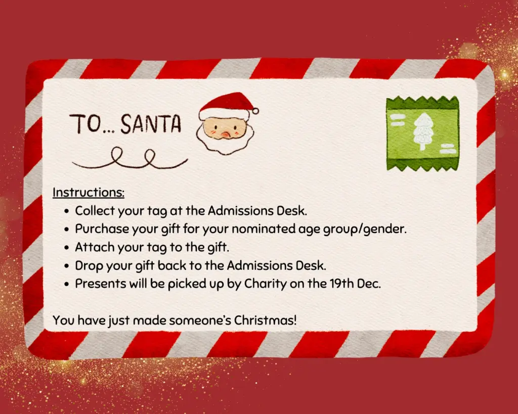 A festive letter to Santa with a red and white striped border, Santa illustration, and green stamp. Instructions list steps to donate a gift or A Connoisseur’s Christmas Whiskey Experience through a tag system, with presents collected by Charity on December 19th.
