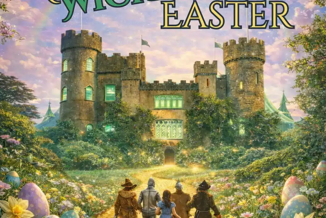 Four characters walk along a golden path toward a castle under a rainbow, surrounded by flowers and decorated Easter eggs. The text “A Wicked Easter” appears at the top in whimsical letters