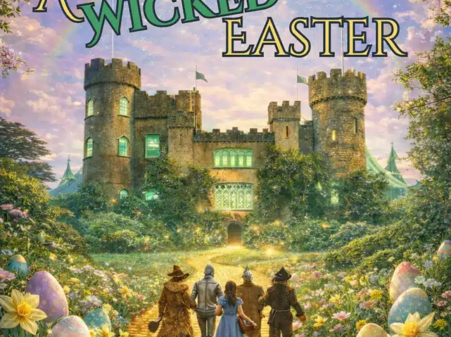 Four characters walk along a golden path toward a castle under a rainbow, surrounded by flowers and decorated Easter eggs. The text “A Wicked Easter” appears at the top in whimsical letters