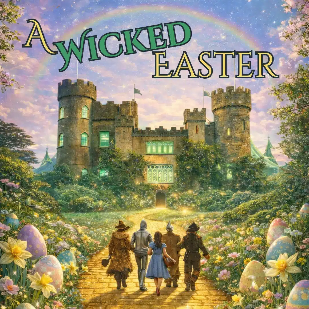 Four characters walk along a golden path toward a castle under a rainbow, surrounded by flowers and decorated Easter eggs. The text “A Wicked Easter” appears at the top in whimsical letters