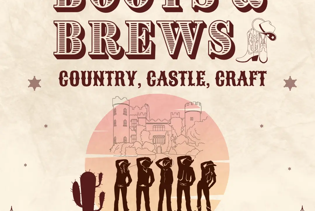 Event poster for "Boots & Brews: Country, Castle, Craft" with cowboy boot and hat graphics, silhouettes of people in cowboy attire, a castle, cactus, and nods to A Wicked Easter among partnership logos at the bottom.