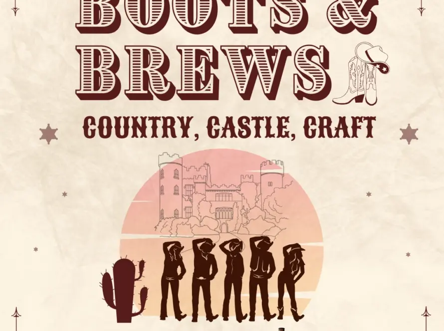 Event poster for "Boots & Brews: Country, Castle, Craft" with cowboy boot and hat graphics, silhouettes of people in cowboy attire, a castle, cactus, and nods to A Wicked Easter among partnership logos at the bottom.