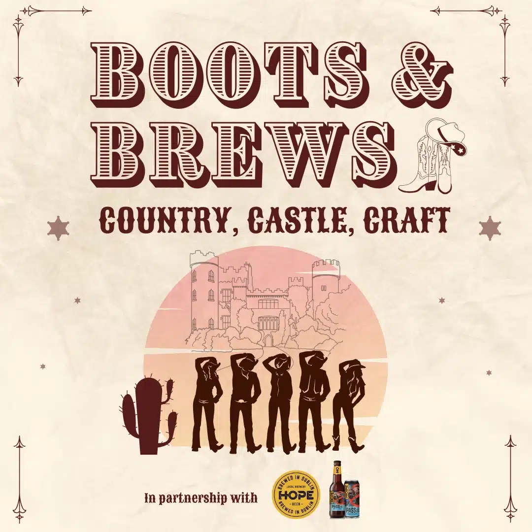 Event poster for "Boots & Brews: Country, Castle, Craft" with cowboy boot and hat graphics, silhouettes of people in cowboy attire, a castle, cactus, and nods to A Wicked Easter among partnership logos at the bottom.