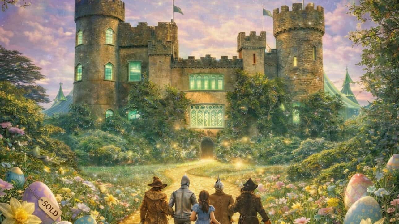 Illustration of four adventurers walking towards a fantasy castle surrounded by trees and colourful decorated eggs. Large text reads "SORRY, WE'RE SOLD OUT!" with a note about A Wicked Easter event tickets being fully allocated.