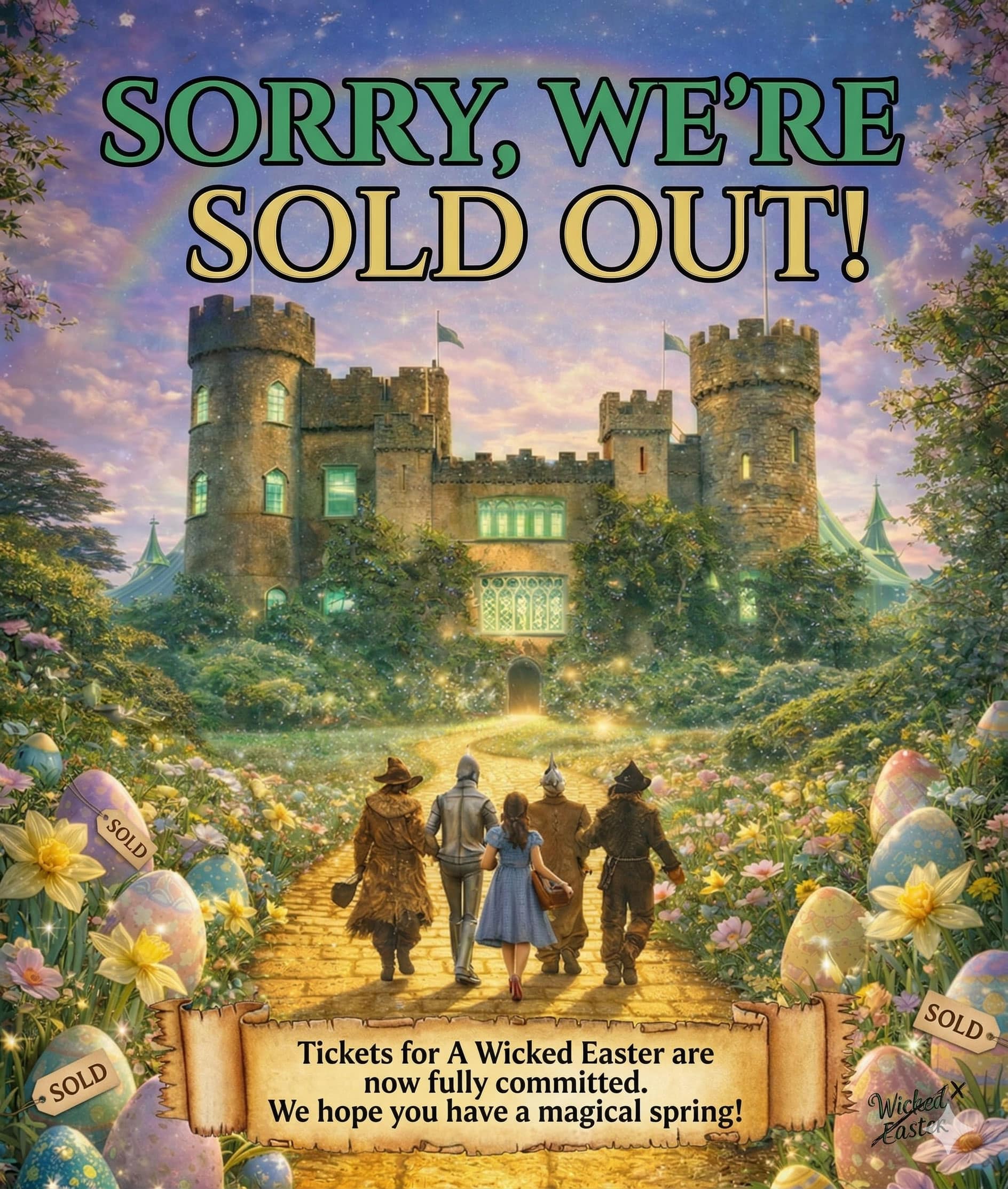 Illustration of four adventurers walking towards a fantasy castle surrounded by trees and colourful decorated eggs. Large text reads "SORRY, WE'RE SOLD OUT!" with a note about A Wicked Easter event tickets being fully allocated.