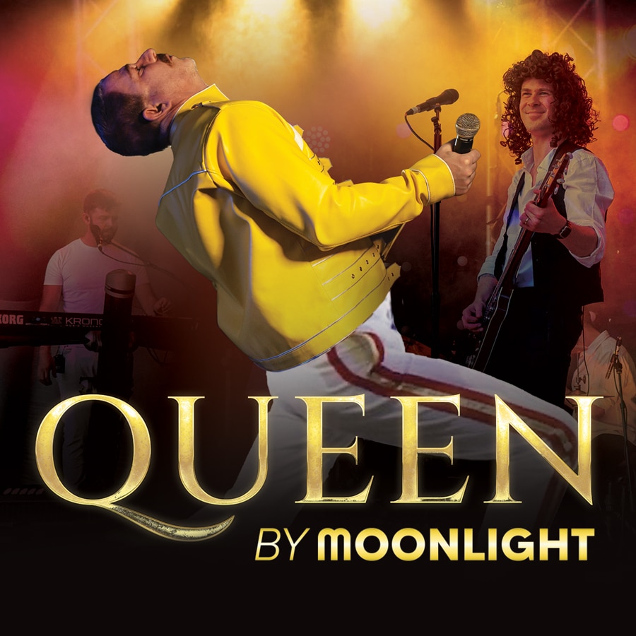 A Queen tribute band, “Queen by Moonlight,” performs onstage under colourful lights. The lead singer, dressed like Freddie Mercury, leans back with a microphone as Queen by Moonlight is written in bold letters.
