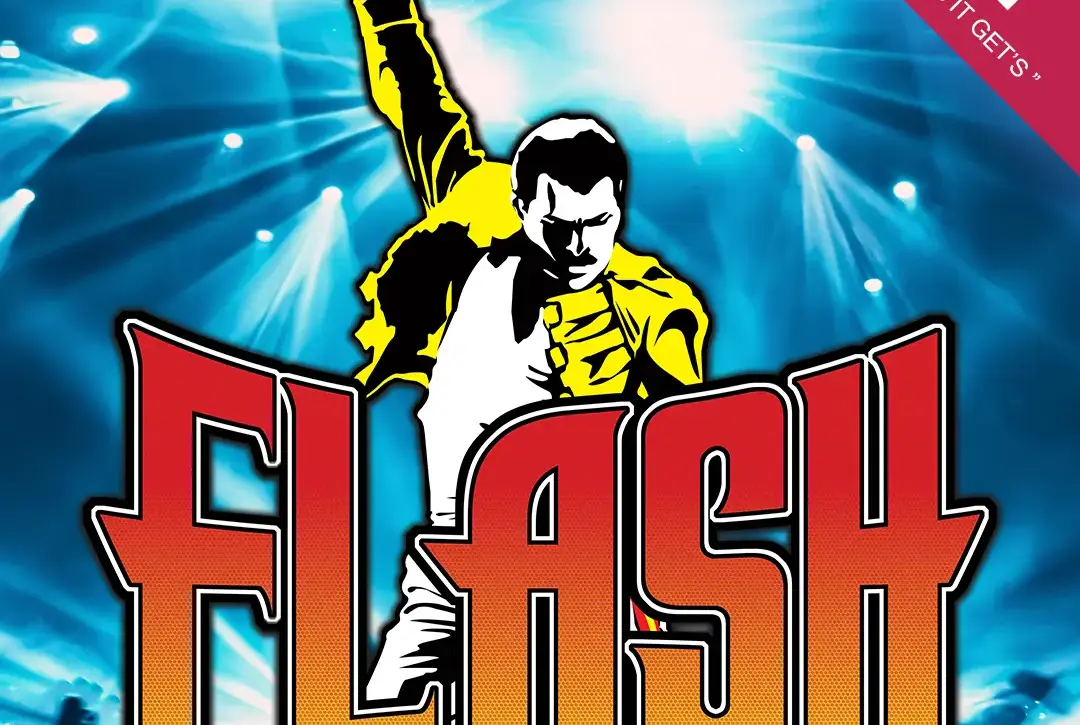 A stylised illustration of a performer in a yellow jacket raising a fist on stage, with "FLASH" in bold red letters and bright blue lights shining—capturing the energy of Queen by Moonlight. BBC logo appears in the top right corner.
