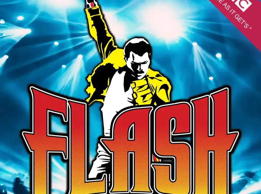 A stylised illustration of a performer in a yellow jacket raising a fist on stage, with "FLASH" in bold red letters and bright blue lights shining—capturing the energy of Queen by Moonlight. BBC logo appears in the top right corner.