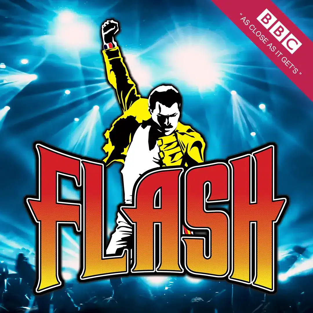 A stylised illustration of a performer in a yellow jacket raising a fist on stage, with "FLASH" in bold red letters and bright blue lights shining—capturing the energy of Queen by Moonlight. BBC logo appears in the top right corner.