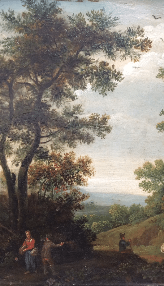 A classic landscape painting shows tall trees under a cloudy sky, with a seated woman in red and a standing man in the foreground, evoking National Heritage Week as two more figures linger among green foliage and rolling hills in the distance.