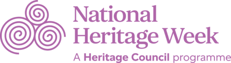 Logo for National Heritage Week featuring three purple spiral designs on the left and the text "National Heritage Week – A Heritage Council programme" in purple on the right, highlighting this special annual celebration.