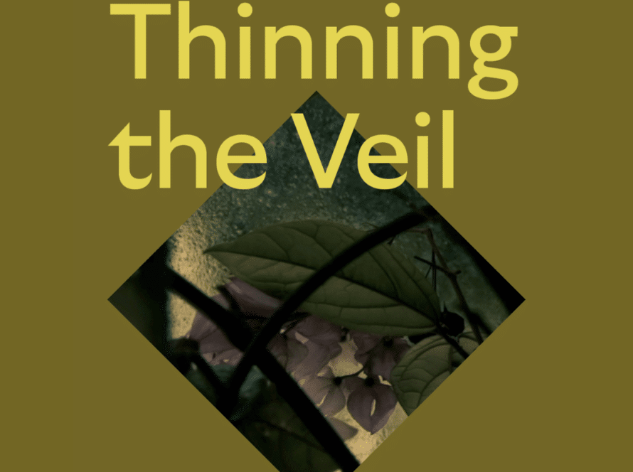 Yellow text reading “Thinning the Veil” appears above a diamond-shaped window showing green leaves and purple flowers, set against a solid olive background—a vibrant scene inviting reflection for Culture Night 2025.