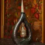 A sculptural candleholder with a white taper candle and a silver object hanging inside sits on a dark wooden surface, in front of a floral-patterned, decorative background—its enigmatic presence reminiscent of A Treacherous Tale.