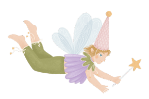 Illustration of a flying fairy with delicate wings and a star-tipped wand, wearing a pink pointed hat and a purple and green outfit. The fairy is depicted in mid-flight against a white background, evoking the enchanting tales of Malahide Castle.