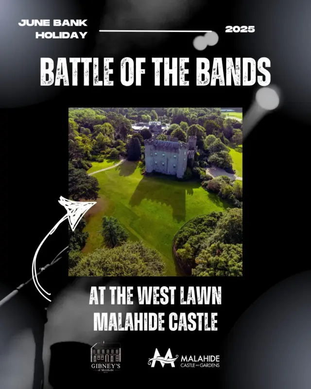 Get ready for a special treat this June Bank Holiday Weekend! 🎉

We're thrilled to announce an intimate concert experience on the picturesque West Lawn of Malahide Castle. 🏰🎶

This exclusive event will offer a more relaxed and intimate atmosphere compared to our larger main-stage concerts. ✨

While we can't reveal the headliner just yet, think iconic Dublin rock band... 🤘

Stay tuned for the exciting announcement of the headline act very soon! 🔜🎤

In the meantime, we have whittled down our choices for the upcoming Battle of the Bands to win the coveted prize of support act and will be in touch early next week to bring you guys/gals in for the battles in Gibney’s!! ⚔️🍻🤩

#FunTimesAhead #BattleOfTheBands #WestLawn #IntimateConcert #IconicDublinRockBand #Malahide #LiveMusic #SummerConcerts #BankHolidayWeekend #MalahideCastle #Gibneys