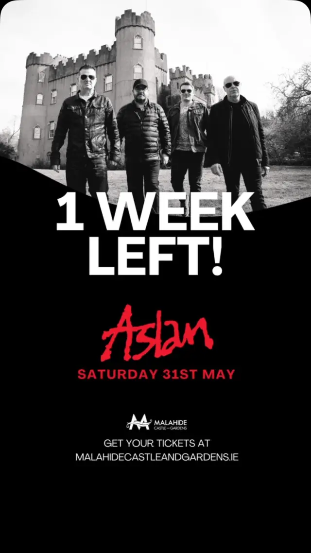 Get ready Malahide🎸

The countdown is on for the gig of the summer. Let's make history🤩

🎟️Tickets: https://bookings.malahidecastleandgardens.ie/Event/ASLAN

#Aslan #OneWeekToGO #GigOfTheSummer #MalahideCastleConcerts #SummerConcert #JuneBankHoliday