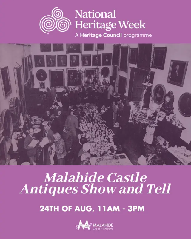 The Castle’s Secrets Are Calling! 🤫

Do you hold a hidden piece of Malahide history? Dust off your treasures and dig into the family attic! 🧹

Back in May 1976, Malahide Castle opened its doors for a unique auction, sending almost its entire contents to new homes - from grand paintings to washing machines, beds to tablecloths. Even Bianca Jagger got a piece! ✨

Now, we want YOU to bring those memories back to the castle! 🏰 Did you grab a mirror, chair, delicate linen, or treasured china at the legendary auction? Share your story!

Join us for the "Hidden Histories" Auction Roadshow where your finds become part of the castle’s living legacy. Our team will document your treasures and record your tales.🏺🔍

⏰When: Sunday, August 24th, 2025, 11 AM - 3 PM
📍Where: Project Room, Visitor Centre, Malahide Castle
Bring: Your auction treasures, photos, and stories!

Enjoy complimentary tea, coffee, and refreshments ☕️🍪 while connecting with fellow history lovers.

#MalahideCastle #HiddenHistories #AuctionRoadshow #IrishHistory #CastleSecrets #CollectorsCommunity #FamilyTreasures #Heritage #VintageFinds #CulturalLegacy #HeritageWeek2025 @nationalheritageweek