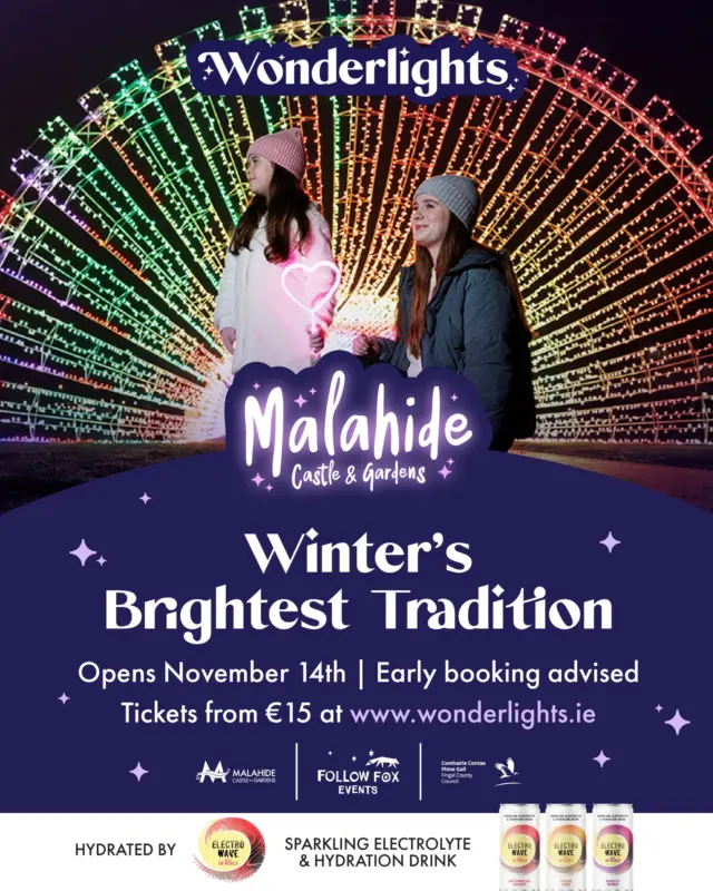 ✨ Experience the magic of winter like never before… ✨
Wonderlights returns to Malahide Castle & Gardens for its sixth year, bringing Ireland’s most magical light show to life. 🌟

From Friday, November 14th, 2025, the historic castle grounds will be transformed into a breathtaking trail of light, sound & story. This year promises an entirely new experience with dazzling lightscapes, immersive storytelling, and magical designs for all ages.

🌲 Wander through glowing gardens & woodlands
🍷 Enjoy seasonal treats at the Alpine food village
💡 Powered by sustainable, eco-friendly energy

🎟 Tickets from €15 - Early booking highly recommended at www.wonderlights.ie

✨ Make this winter unforgettable with Winter’s Brightest Tradition at Malahide Castle & Gardens. ✨

#Wonderlights #MalahideCastle #WintersBrightestTradition #LightShow #MagicalExperience #WinterInDublin #VisitDublin #Christmas #ThingsToDo #ThingsToSee