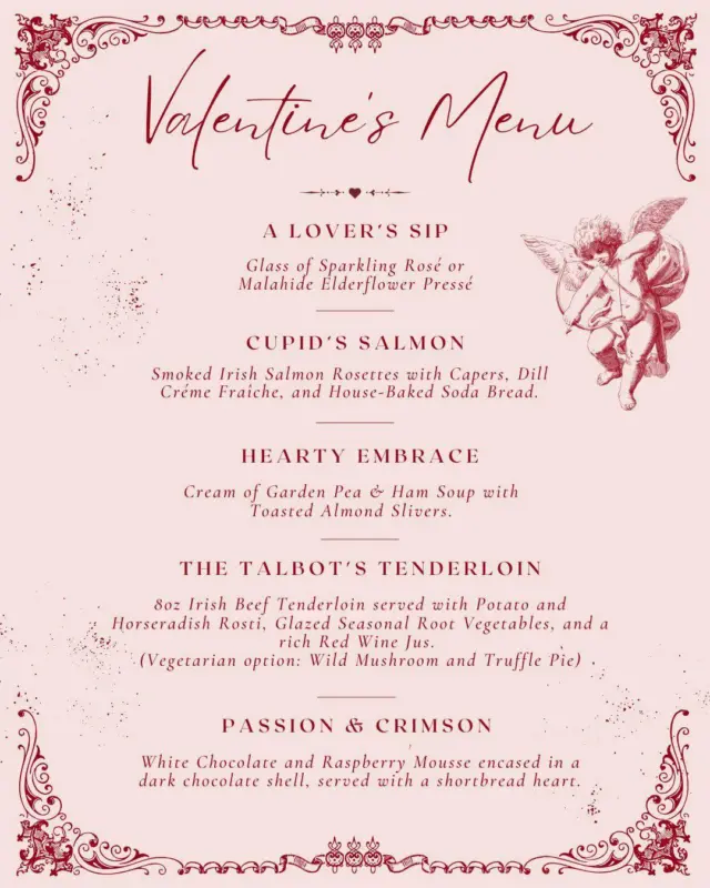 Candlelight. Historic arches. A menu made for romance ❤️✨

This Valentine’s Day, Nugent’s Hall at Malahide Castle sets the scene for an unforgettable dining experience 🏰🍷
A warm, intimate space where rich flavours meet centuries of history.

Indulge in a four-course Valentine’s menu designed to be savoured - 
from sparkling rosé on arrival 🥂
to smoked Irish salmon, comforting seasonal soups, a beautifully prepared Irish beef tenderloin (or indulgent vegetarian alternative), and a decadent chocolate dessert to finish on a sweet note 🍫💘

Perfect for couples who love great food, timeless settings, and a little magic in the air. 🫶🏼

📅 Saturday, 14th February | 6pm
📍 Nugent’s Hall, Malahide Castle
💶 €120 per person

🎟️ Limited tickets available here: https://malahidecastleandgardens.ie/crimson-and-velvet/

#ValentinesDinner #NugentsHall #CastleDining #RomanticDublin #ValentinesDublin #MalahideCastle #FineDiningIreland #DateNightIdeas #DublinWhatsOn