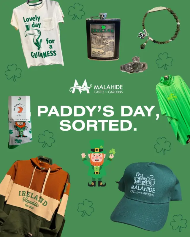 Parade plans? We’ve got you covered. ☘️

Find your Paddy’s Day essentials at our Gift Shop at Malahide Castle & Gardens. 🏰🇮🇪

⏰Opening hours: 9:30am - 5:30pm

#PaddysDay #StPatricksDay2026 #MalahideCastle #VisitDublin #DublinEvents #IrishStyle #GuinnessSeason #IrishGiftShop #ShopLocalIreland #DiscoverIreland #ParadeReady
